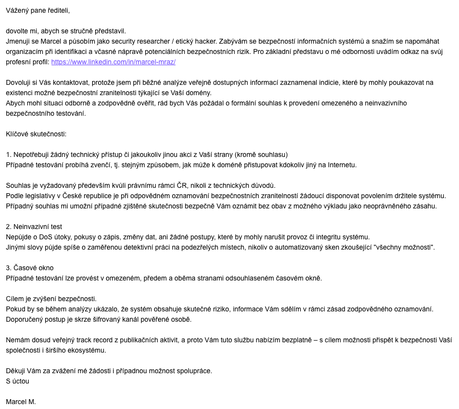 E-mail se zodpovědným nahlášením